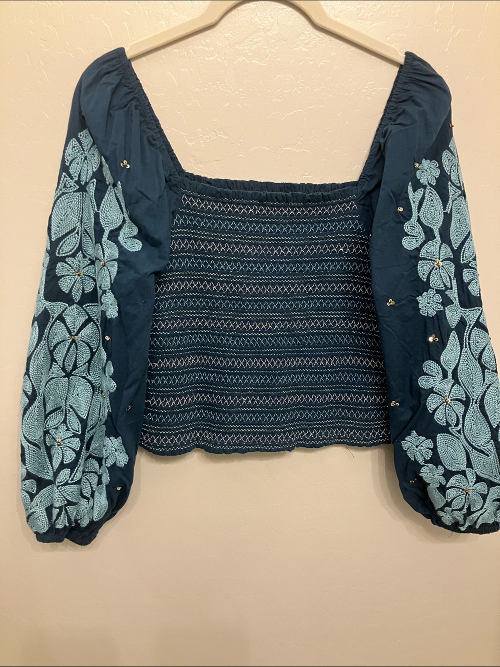 Anthropologie Teal Blue Embroidered Puff-Sleeve Crop Top - Picture 3 of 6